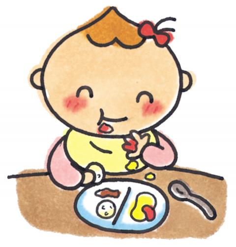 テーブルに置かれた食器から手づかみで食べ物を取って食べている赤ちゃんのイラスト