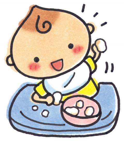 明るい笑顔の赤ちゃんが、手掴みで自ら食事をしようとするイラスト