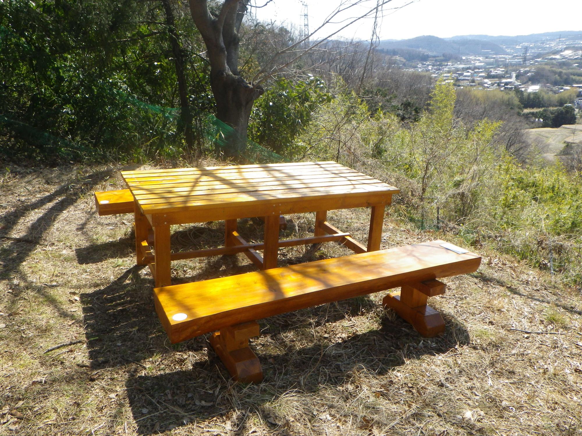 陽当たりの良い小高い丘の上に設置された、新しくニスが塗られたような光沢のある明るい木製の長椅子とテーブルが、奥に広がる集落と山並みを見下ろすように配置されている見晴し台の写真