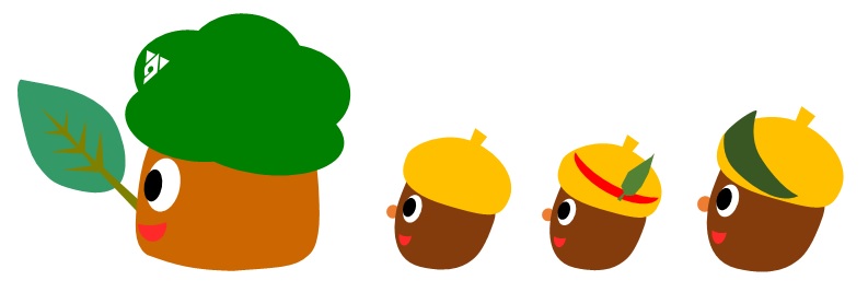 茶色の体にモコモコした緑色の葉っぱのような頭を持つマスコットキャラクター「もりりん」と、黄色い帽子や羽根飾りをつけた3匹のどんぐり風の小さな仲間たちが横一列に並んで微笑んでいるイラスト