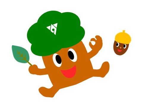 黄色の帽子をかぶった小さなどんぐりと、両手と両足を上げて飛んでいるもりりんのイラスト