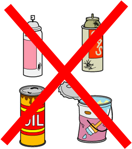 スプレー缶やオイル缶のイラスト全体に赤い大きなバツ印が重ねられている、缶として出せないものを示したイラスト