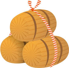 紅白の縞模様の紐で十字に縛られた3つの米俵が積み重なっているイラスト