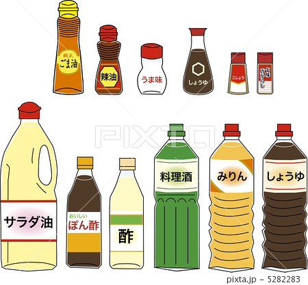 ごま油、ラー油、うま味調味料、醤油、こしょう、一味唐辛子などの調味料と、サラダ油、料理酒、みりん、ぽん酢、酢といった和風調味料が、様々なサイズのボトルや容器に詰められて整然と並んでいるイラスト