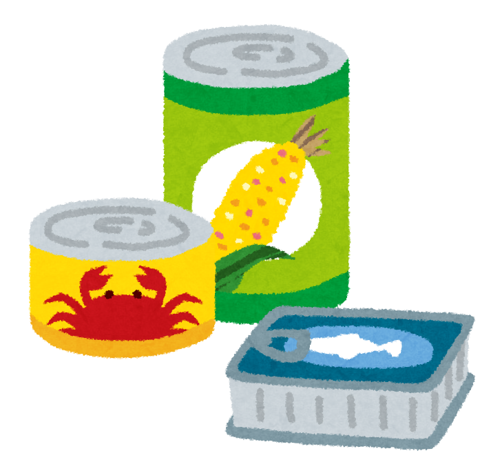 赤いカニの絵が描かれた黄色い丸缶、トウモロコシの絵が描かれた緑の縦長缶、青いパッケージで魚のシルエットが描かれた平たい缶の、3種類の缶詰が並べられたイラスト