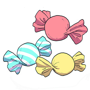 ピンク色、水色と白のストライプ柄、薄黄色の3種類の包み紙に、両端をひねって包まれた丸い形をしたキャンディーのイラスト