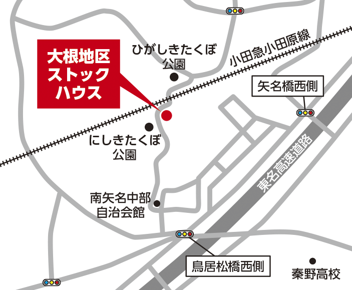 にしきたくぼ公園の近くにある大根地区ストックハウスの案内図