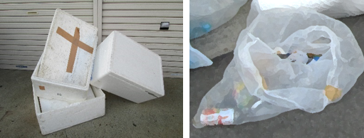 左:発泡スチロール箱3個が重ねて置かれている写真、右:半透明の白いごみ袋に入った空き缶の写真