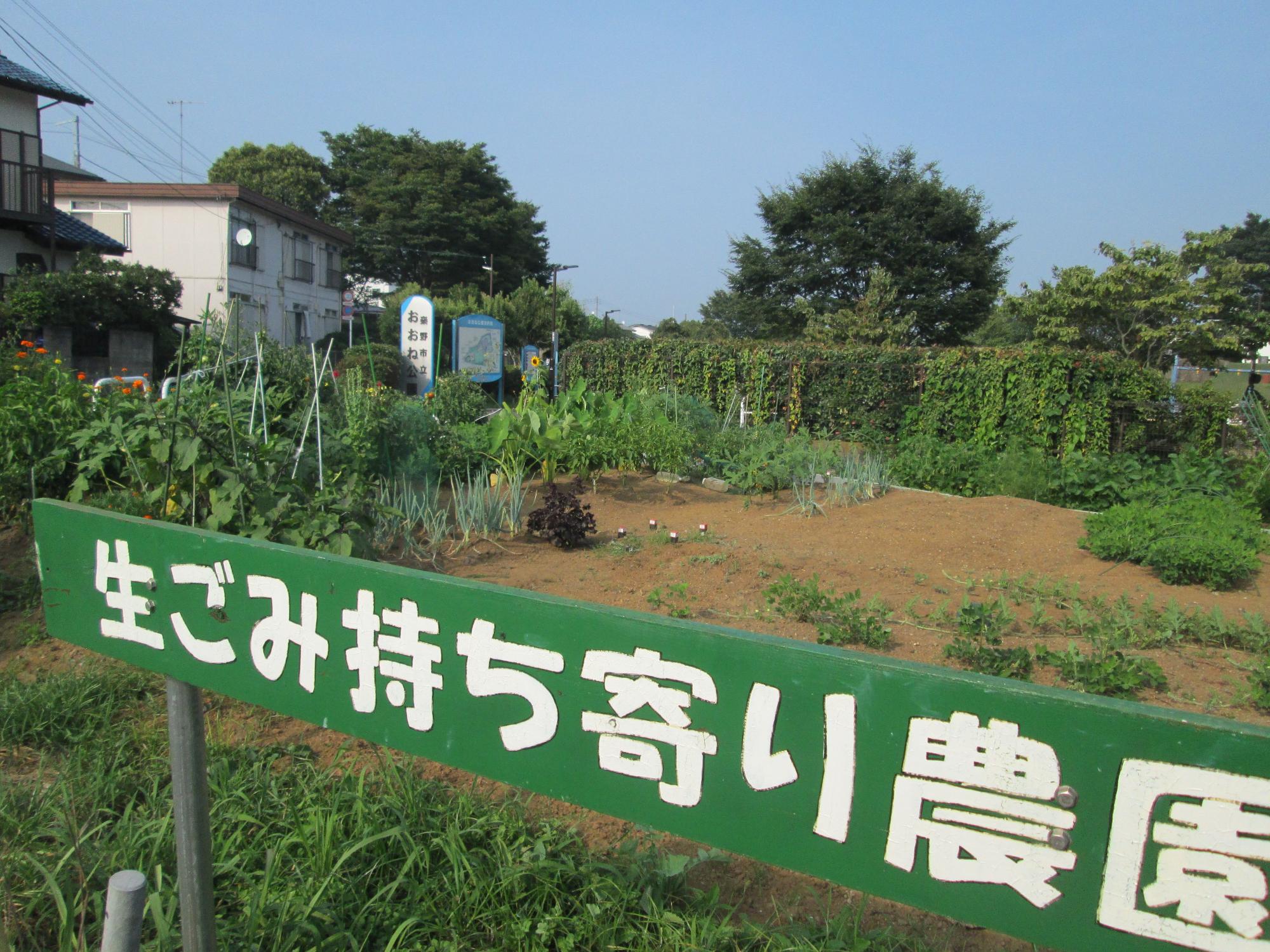 住宅街の一角にある畑で、緑の看板に白い太文字で「生ごみ持ち寄り農園」と書かれており、手前には雑草と土が見え、奥には様々な野菜が植えられた畑が広がる、地域コミュニティ農園の風景写真