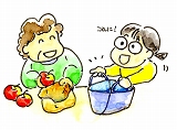 女性からお裾分けしてもらったリンゴを、メガネをかけた女性が買い物袋を広げて入れてもらおうとしているイラスト