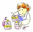女性が詰め替え用のシャンプーをボトルに詰め替えているイラスト