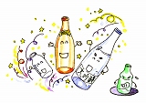 笑顔の金色のシャンパンのようなボトルや「大吟醸」と書かれた瓶などのリターナブル容器が選ばれ、右の隅で緑の酒瓶が悔しがっているイラスト