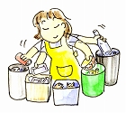 黄色のエプロンを着用した女性がゴミを分別しているイラスト