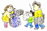女性や父親と男の子の親子が紐でくるんだ新聞紙などを回収場所に運んでいるイラスト