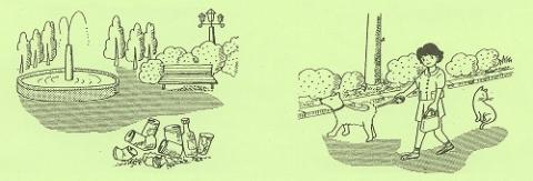 左:噴水やベンチのある公園で空き缶などが散乱したゴミのイラスト、右:猫が座っている歩道を、犬を連れて散歩をしている女性のイラスト