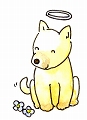 頭上に天使の輪を浮かべ、小さな白い花が足元に添えられ尻尾をふって座っている犬のイラスト