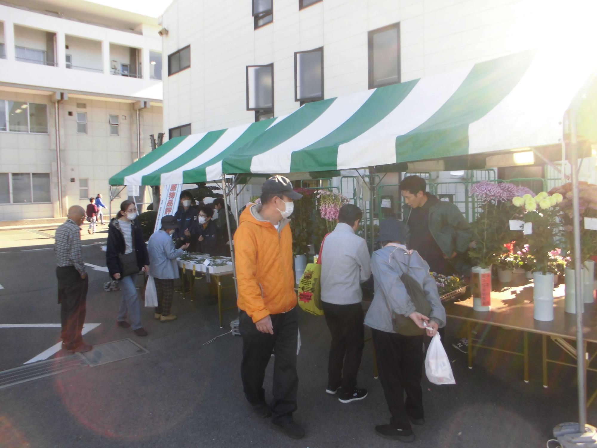 建物とストライプ柄のテントの下で、マスクを着用した来場者と出展者が集まって、植物の鉢植えやその他の商品を販売している様子の写真