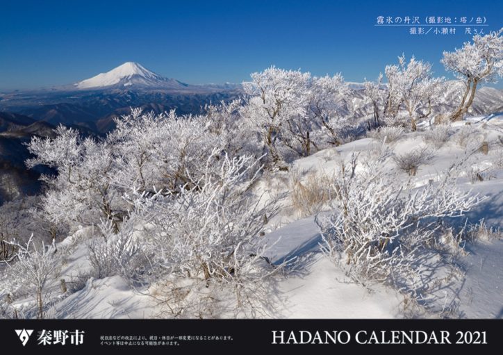 木々の枝が霧氷となり雪に覆われた塔ノ岳の山頂から、左奥に白く雪化粧をした富士山の雄大な姿が写し出された2021HADANOカレンダー表紙の画像