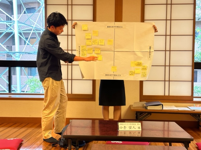 障子がついた窓の前で、1人の女性が黄色の付箋が複数貼られた大きな模造紙を持って立ち、その横に立った男性がの右下にある黄色の付箋を指し示して説明をしている様子の写真