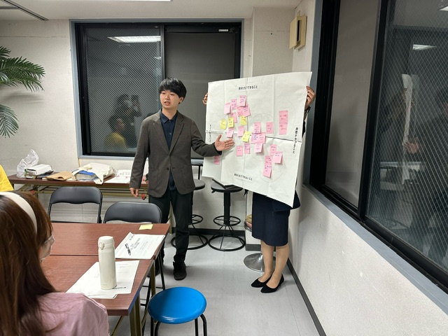若い男性が参加者に向かってプレゼンテーションをしており、その男性の横で女性が、ピンク色の付箋が貼られた模造紙の図解のような大きな資料を広げて持って立っている、ワークショップの様子の写真