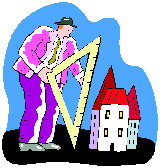 黒い帽子とピンクのジャケット、紫のズボンを着用した人物が、巨大な三角定規を使い横にあるカラフルな複数の建物の高さを測っている建築家か設計士のようなビジネスのイメージイラスト