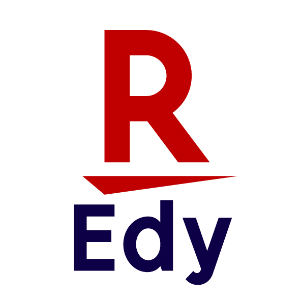 濃い赤色で「R」の文字が描かれ、その下に赤い線と濃い青色で「Edy」と書かれた、楽天Edyが提供する電子マネーサービスのロゴマーク
