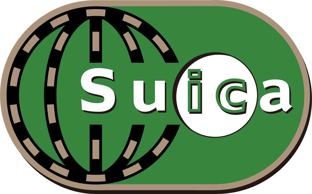 緑色の楕円形の背景に、白い「Suica」の文字がデザインされた交通系ICカードSuicaのロゴマーク