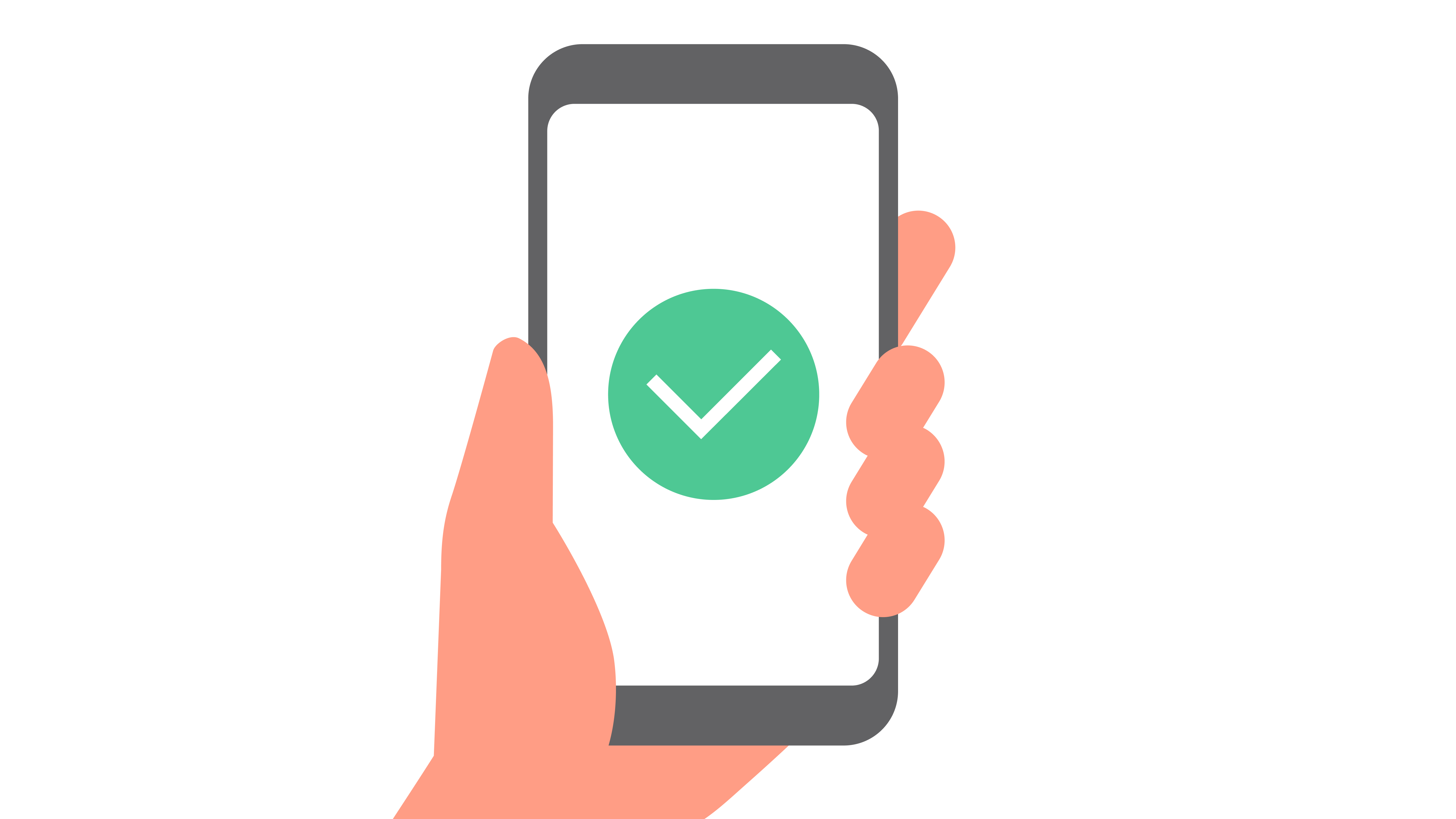 左手でスマートフォンを持っており、画面中央には緑色の円の中に白いチェックマークが表示されて、正常に読み取りが完了したことを示しているイラスト