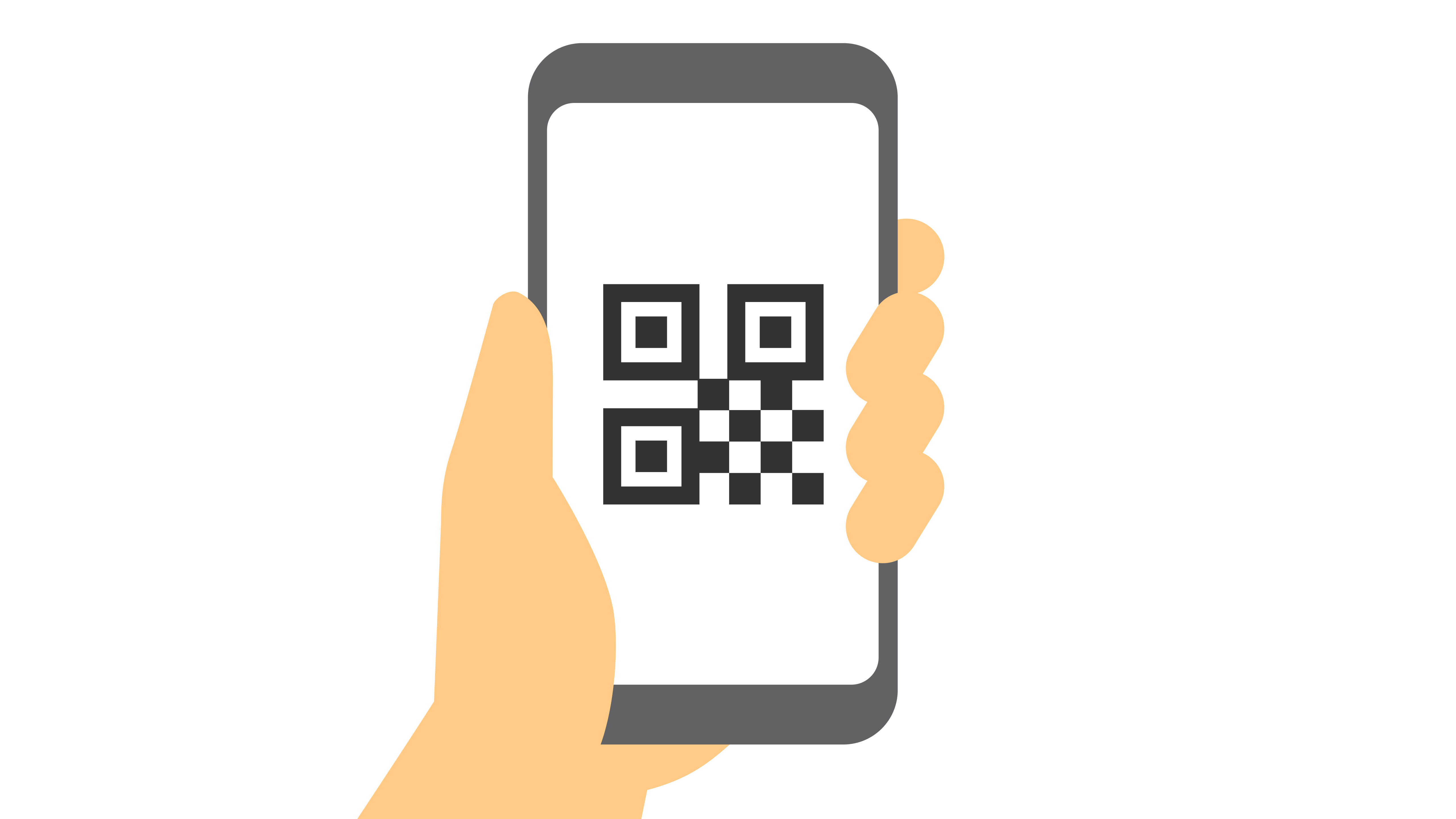 左手でスマートフォンを持っており、画面中央にはQRコードが表示されているイラスト