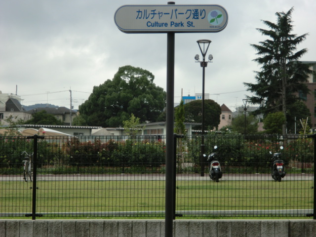 中央に立つ「カルチャーパーク通り」と紫色の花のアイコンが記された街路表示板の写真