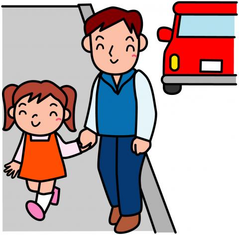 道路脇を父親が娘と手を繋いで、車道を走る赤い車の横を笑顔で歩いている交通安全をテーマにしたイラスト