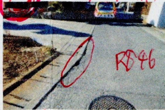 亀裂と舗装の剥がれによる大きな段差が生じている側溝脇の段差を示す写真