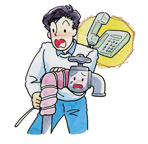 男性が布切れのようなもので巻かれた困った表情の水道の蛇口を両手で抱え、背後には電話機が黄色い光の中に浮かんでおり、水道が凍結した際の相談や連絡を促している様子のイラスト