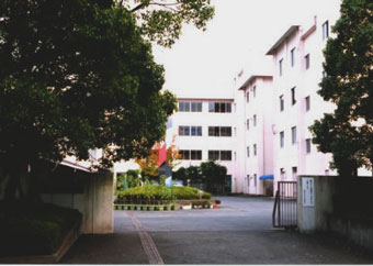 校門には左右に大きな木が植えられ、白と薄いピンク色の4階建ての校舎の前には整備された丸い植え込みが見える南が丘中学校を校門の外から写した外観写真