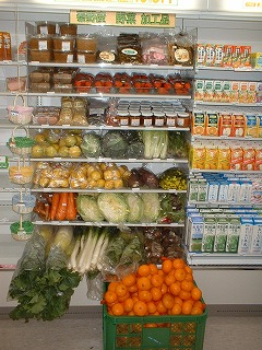 上部にジャムや乾物などの加工食品、下部には白菜やネギ、ニンジンなどの新鮮な野菜ぎっしりと並んだ陳列棚があり、その前にはネット入りのミカンがたくさん入っている緑色のコンテナが置かれている写真