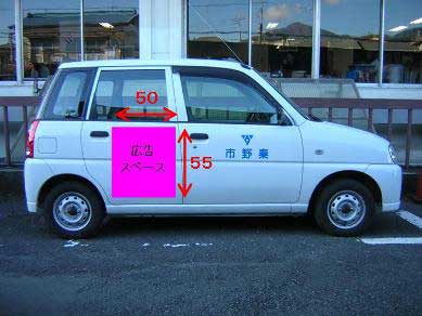 ピンク色で「広告スペース」と書かれた領域が後部座席のドアに重ねて示されている、スバルプレオ広告位置の写真