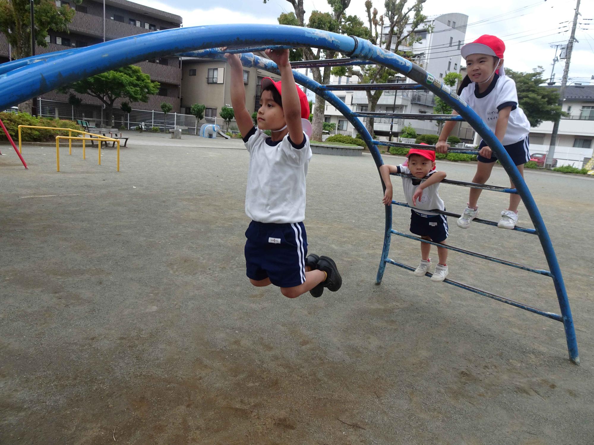 園の近くの公園で、太鼓橋に上ったりぶら下がったりと、いろいろ挑戦しているところです。