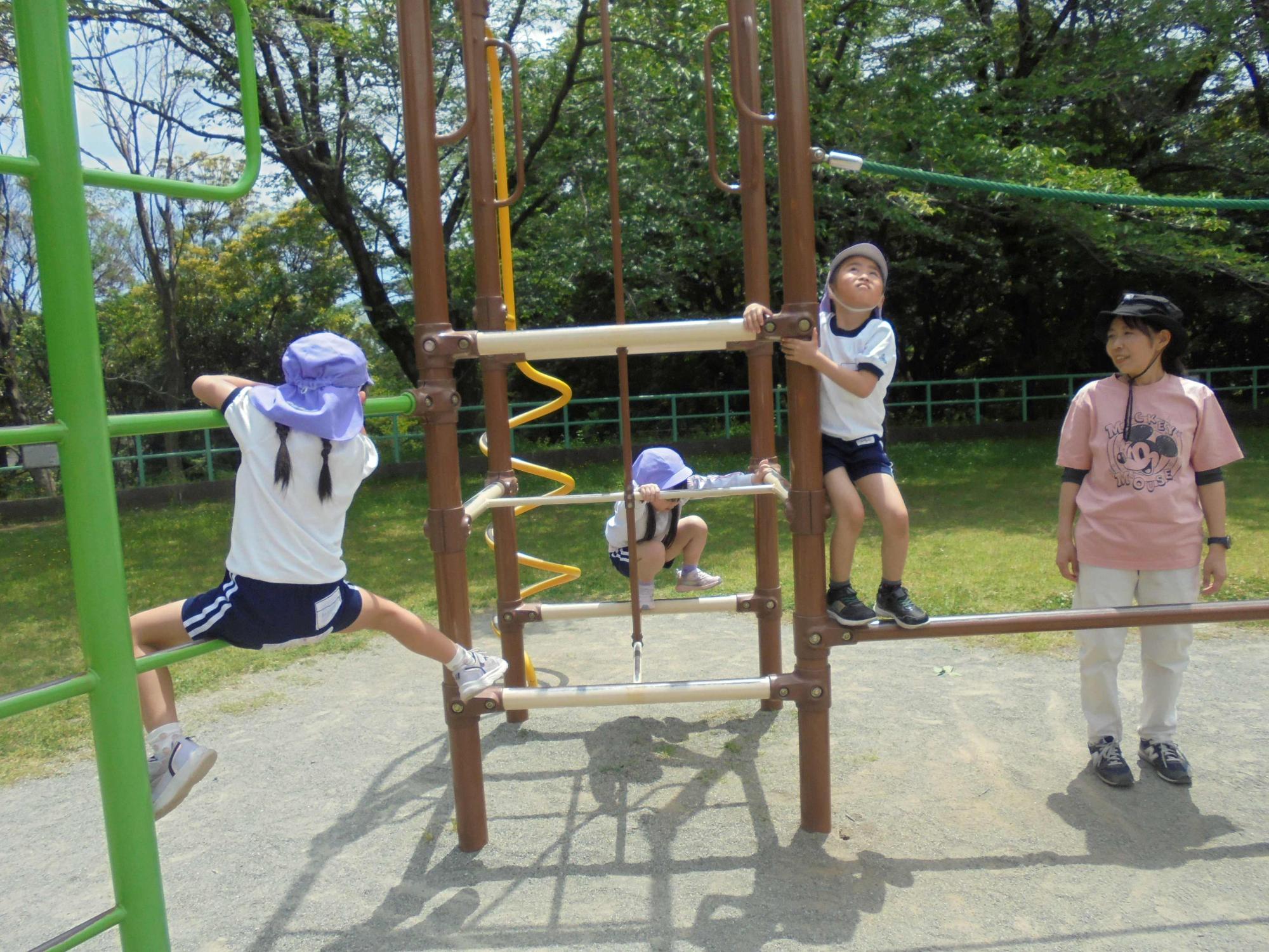 年長児が園外保育で大きな公園に行き、アスレチックに挑戦しているところです。