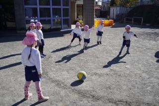 明るい園庭でピンク色の帽子をかぶった7人の園児たちが、黄色と青のボールを追いかけてボール遊びを楽しんでいる写真