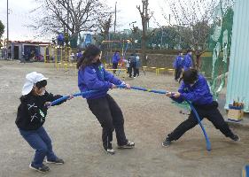 中学校交流 綱引きをする園児と中学生