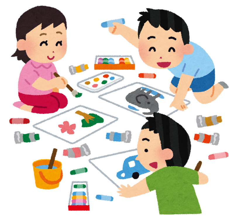 楽しそうな笑顔の子どもたちが、画用紙に絵の具やクレヨンを使って車や花、動物などの絵を描いているイラスト