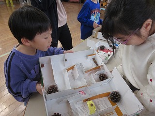 保育園の室内で、紫色のセーターを着た男の子とメガネをかけた女の子の園児2人が、段ボール箱を使って紙の仕切りや松ぼっくりで手作りの迷路を熱心に覗き込み、仲良く遊んでいる写真