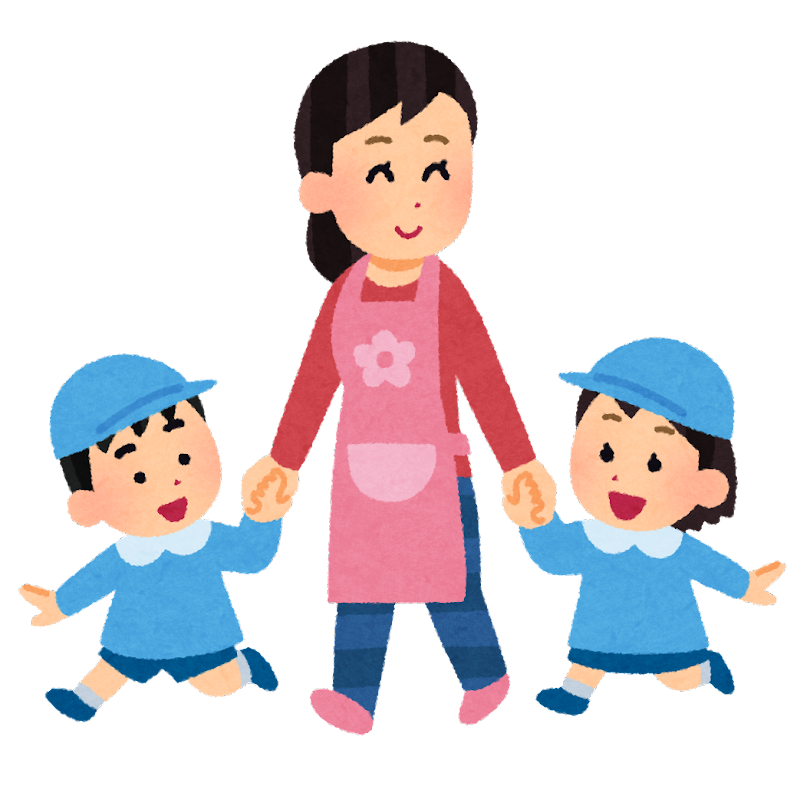 花のイラストがついたエプロンを着用した先生が両手に園児たちと手をつなぎ歩いているイラスト
