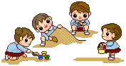 砂場で山を作ったりままごとを楽しんでいる4人の園児たちのイラスト