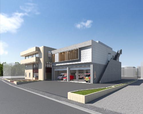 シャッターが開いた車庫の中に、複数の消防車が駐車している、近代的なデザインの消防署の完成予想図