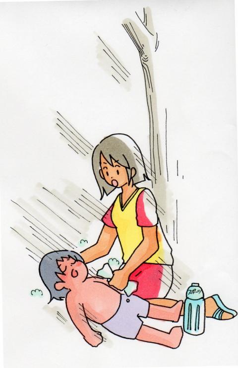 女性が熱中症患者を涼しい場所へ移動して衣服をゆるめ、安静にさせているイラスト