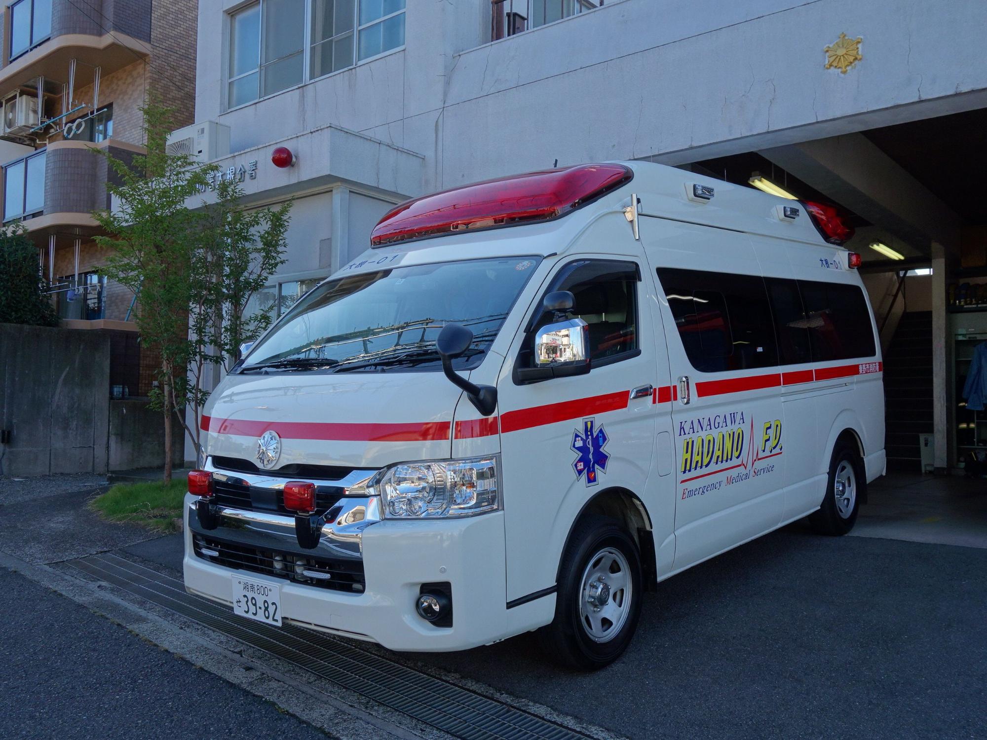 白地に赤いラインが入った救急車が消防署の前に停車しており、車体には「KANAGAWA HADANO F.D.」書かれ、横に青い救急マークがある消防署大根分署の救急車の写真