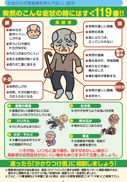 突然のこんな症状の時にはすぐ119番!!（高齢者の場合）