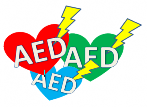 赤・青・緑のそれぞれのハートにAEDの文字と稲光が描かれているイラスト