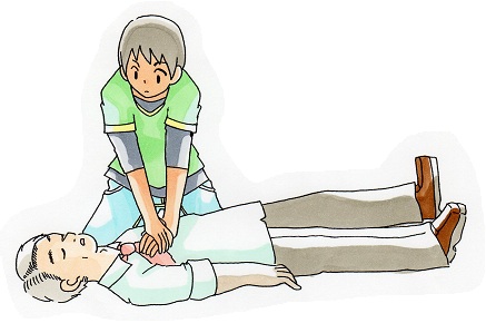 白い服を着て仰向けに倒れた高齢男性に対して、緑の服を着た人物が胸骨圧迫をしている様子を正面から描いたイラスト
